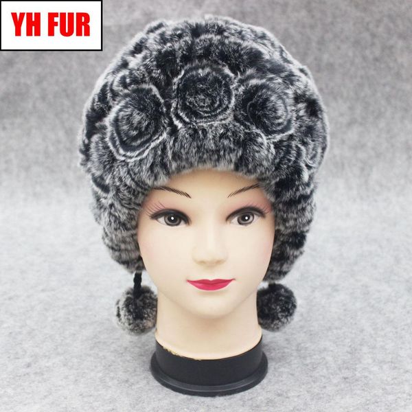 

горячие продажи зимние женщины цветы полосатые натуральные реальные рекс кролик мешиные шляпы леди теплый вязаный крышки из натуральной мехи