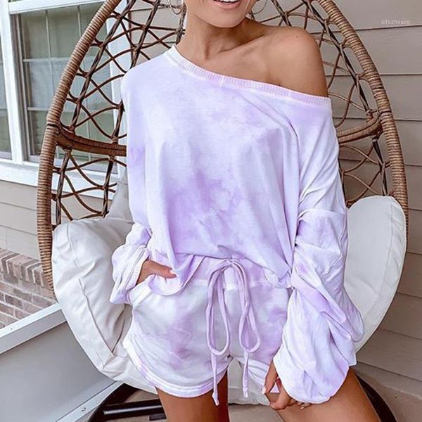 

loose tie-dye printed shorts suit strapless long sleeve two piece set women casual outfits wear summer sports set 2020 jg31, White
