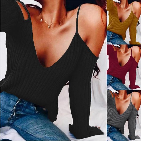 

new style womans fashion solid v-neck casual cold shoulder strap long sleeve shirt blouse blusas mujer de moda 2020, White