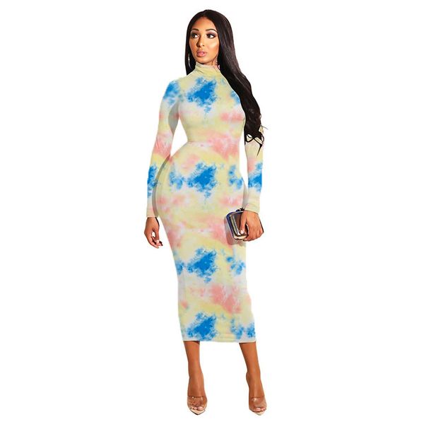 

women stand collar dress tie dye colorful long sleeve slim fit one step dresses famale clothes, Black;gray