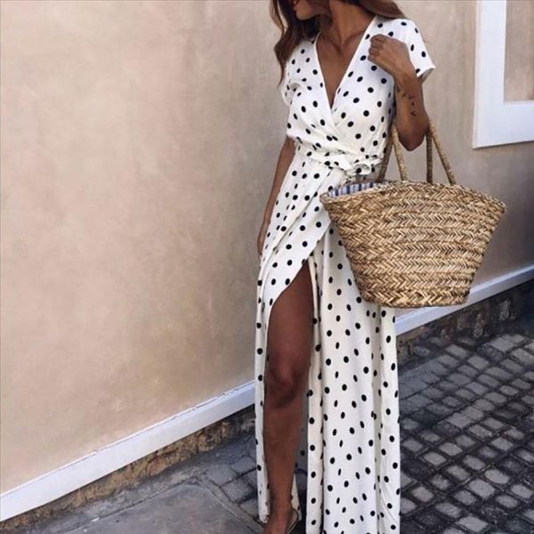 

summer women beach party deep v polka dot slits short sleeve maxi dress drop shipping good quality, Black;gray