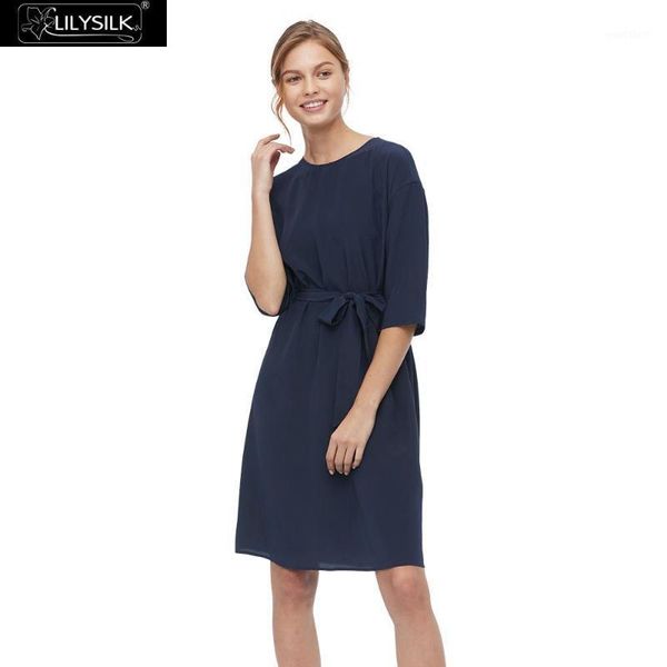 

lilysilk silk dress shirt basic loose silk round neck with belt long sleeve ladies, Black;gray