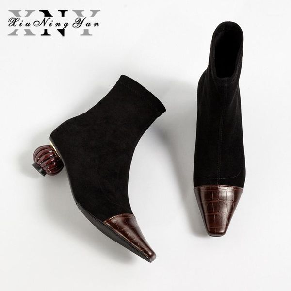 

boots xiuningyan 2021 women's leather black women stretch slip on ankle for brand chaussure bottes femme1