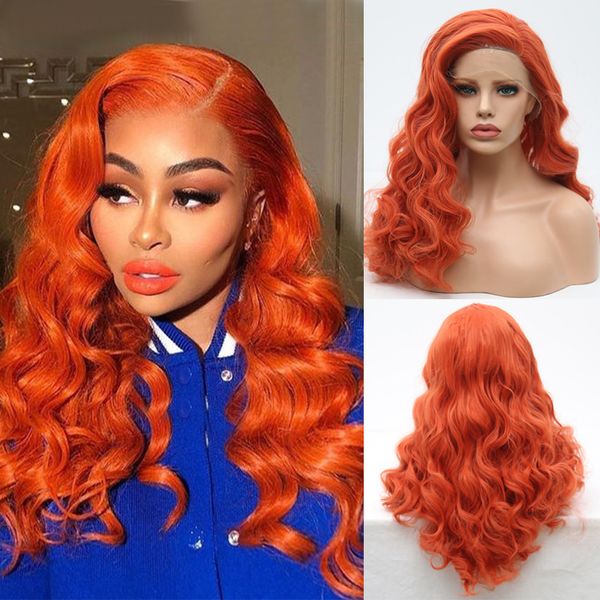 

charisma side part orange pink wigs synthetic lace front wig glueless high temperature wig long wavy wigs for black women, Black;brown