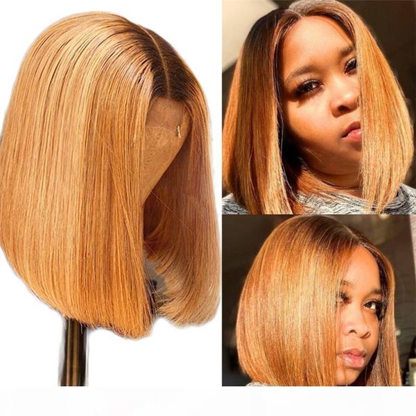 

lace front human hair wigs 5*5 pu silk base wig ombre blonde short bob wig brazilian remy hair lace wigs, Black;brown