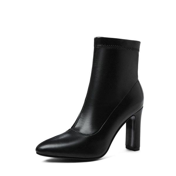 

2021 new ankle boots autumn winter square high heel slip on women shoes pointed toe flock/ pu leather short boots size 34-43, Black
