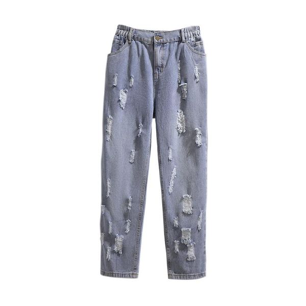 

плюс размер женские джинсы светло-голубой разорвал эластичную высокую талию весна и осень повседневные прямые джинсовые брюки джинсовые брюк, Blue