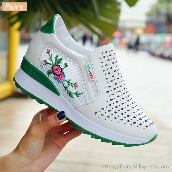 

casual high heels loafers breathable vulcanize women sneakers pu round toe embroider platform wedge tenis feminino lj200824, Black
