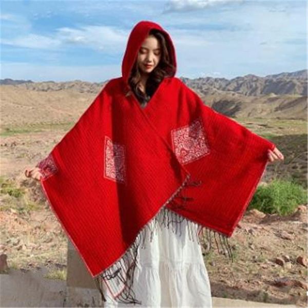 

autumn and winter travel hooded air conditioning shawl knitted office dual-use thick warm cloak cloak, Blue;gray