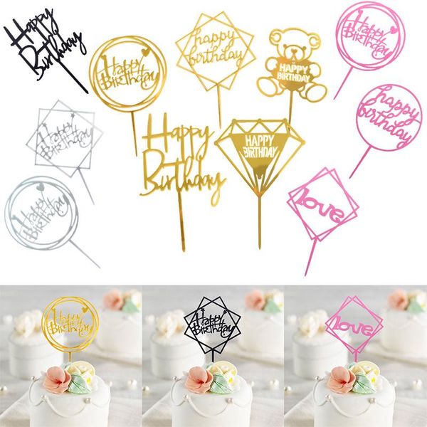 

1pcs gold silver pink black happy birthday acrylic cake er baking supplies cupcake wedding birthday party cake decoration