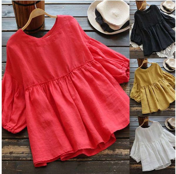 

linen genmoment lantern women's half round neck sleeve shirt solid color shirt elastic top, White