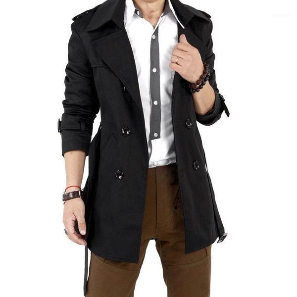 

men windbreaker long fashion jacket with double-breasted buttons lapel collar coat1, Tan;black
