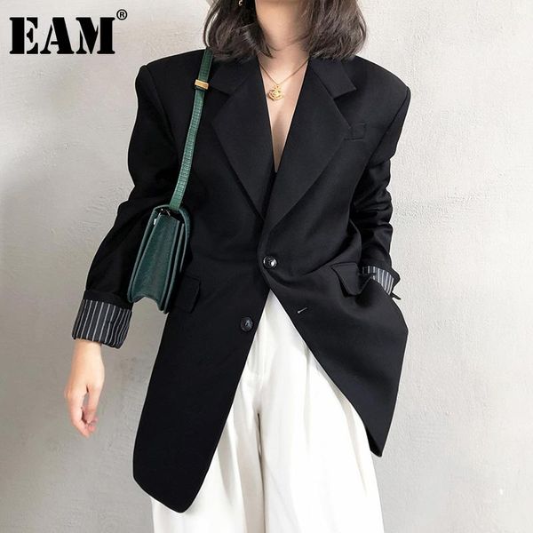 

eam] women black brief temperament blazer new lapel long sleeve loose fit jacket fashion tide spring autumn 2021 1z574, White;black