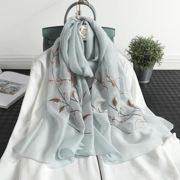 

scarves 2021 brand solid scarf hijab winter silk wool women fashion embroidery warm shawl bandana foulard poncho, Blue;gray