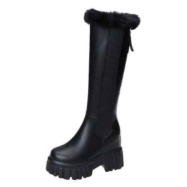 

boots women winter warm wedges heels knee high black 10cm thick sole motorcycle female platform long botas