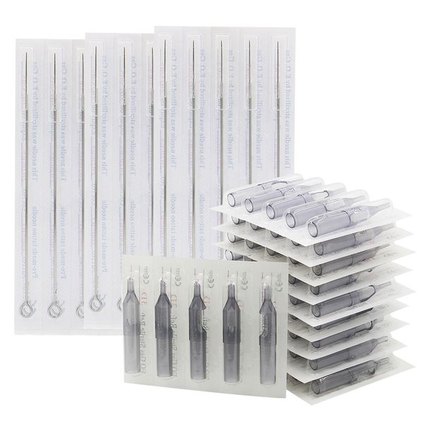 

50pcs assorted sterilized mixed 3/5/7/9rl 3/5/7/9rs 7/9m1 size tattoo needles and 50pcs disposable tattoo tips combo
