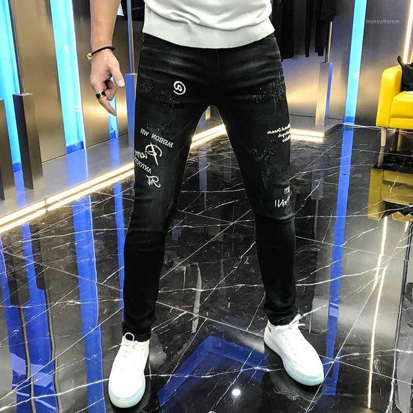 

men's jeans 2021 autumn men's personalized fashion brand elastic drill embroidered letters worn small feet pants for men1, Blue
