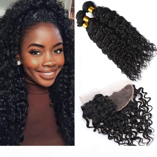 

malaysian human hair water wave bundles with 13x4 lace frontal 4 pieces lot wet and wavy natural color, Black;brown