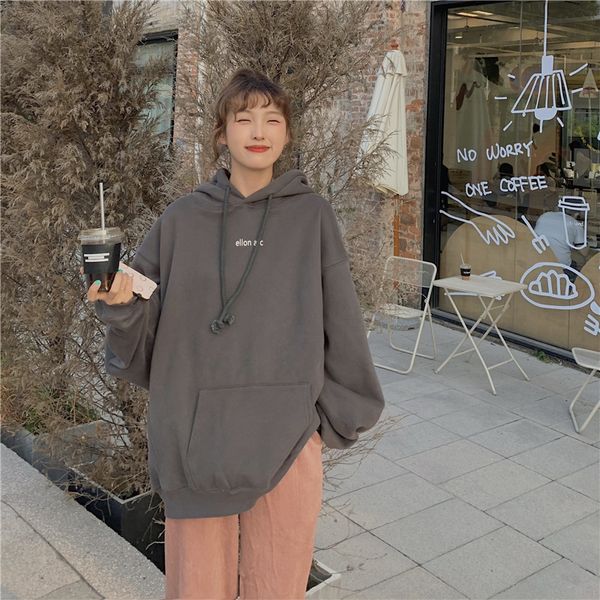 

women's 2021 hooded sweater tide in autumn and winter new loose wind thick student card long 0hit, Black