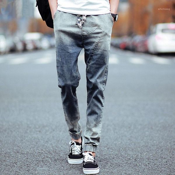 

jeans men fashion cotton elasticated elastic harem ankle-length jeans men casual gradient teen youth tapered1, Blue