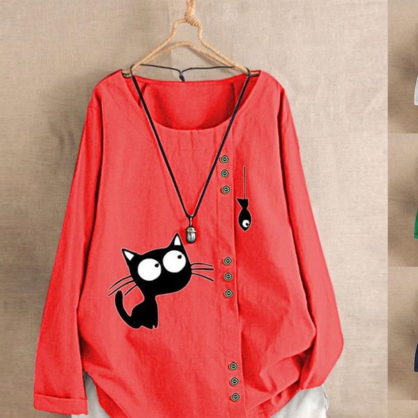 

women spring summer fashion korea style oversized long sleeve cotton linen fabric cat and fish printing cute tshirt casual tees, White