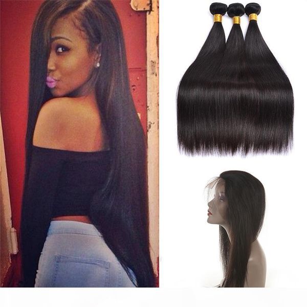 

360 full lace frontal closure with 3 bundles brazilian virgin hair weaves straight 8a peruvian indian malaysian cambodian remy human hair, Black;brown
