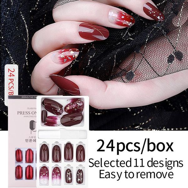 

false nails 30pcs fake reusable stick on press full cover nail tips french ballerina artificial diy, Red;gold