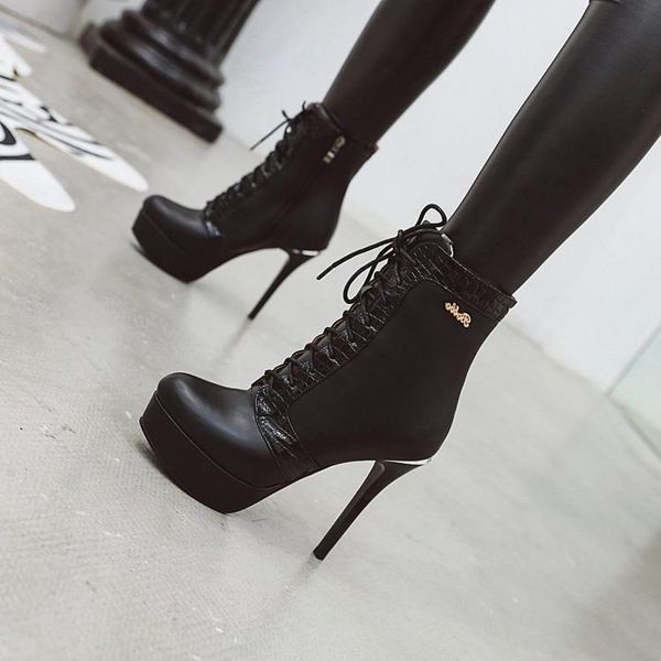 

boots pxelena european super high heels ladies nightclub pole dance shoes women lace up zipper round toe ankle 34-43, Black
