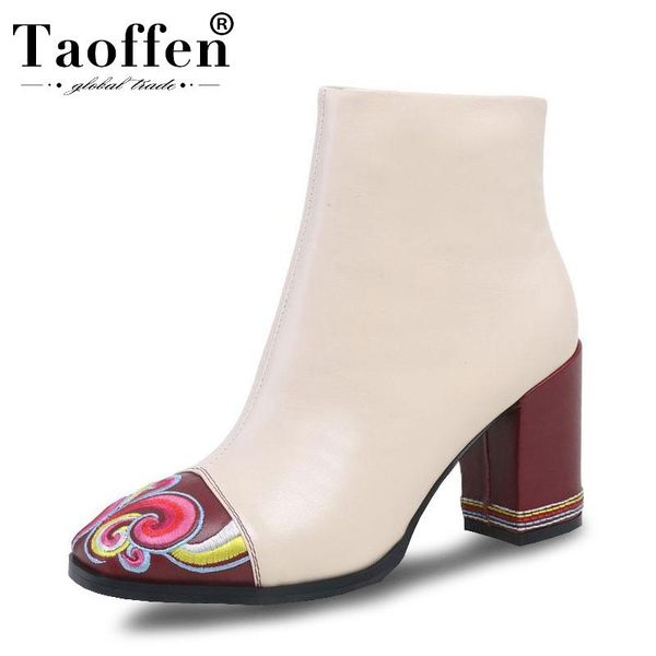 

boots taoffen real leather ankle women high heels office winter fur shoes casual flowers ethnic short size 34-43, Black