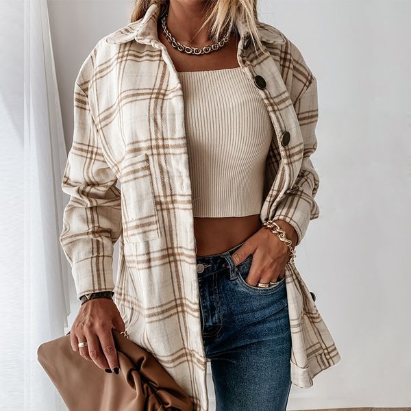 

2021 new women autumn long sleeve plaid winter casual loose thick shirt outfits single breasted chic checked blouse qllr, White