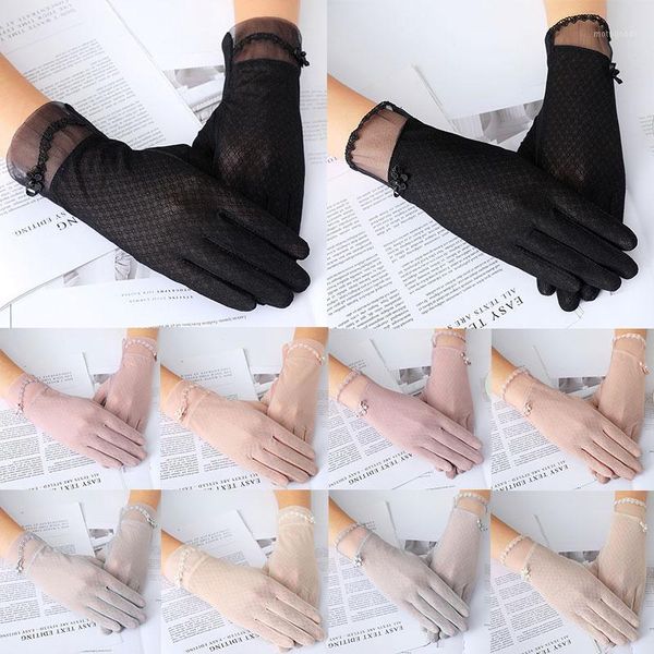 

five fingers gloves summer women uv sunscreen driving short sun screen pearl flowers thin silk lace touch viscose1, Blue;gray