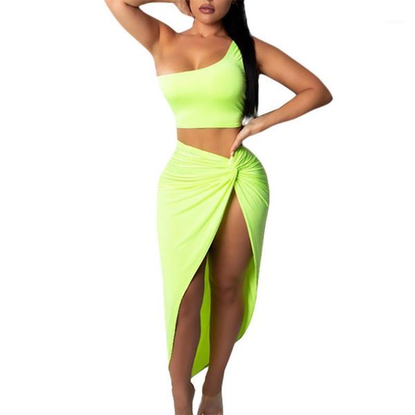 

jaycosin 2019 new summer women suit fashion solid one shoulder crop split skirt for beach dress combination 90425291, White