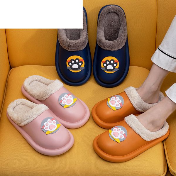 

leather waterproof non slip female slippers male plush warm indoor slippers for women waterpoof women winter home slippers y1202, Black