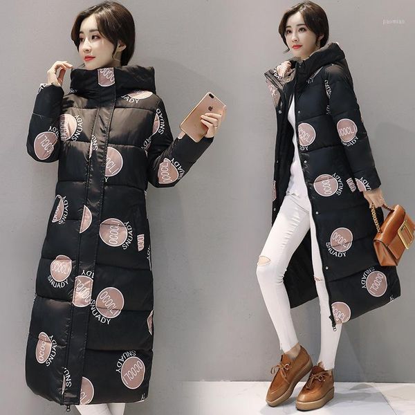 

high-quality padded coat hooded women's 2020 autumn winter printing thickened warm design long cotton coat female outwear e2211, Black