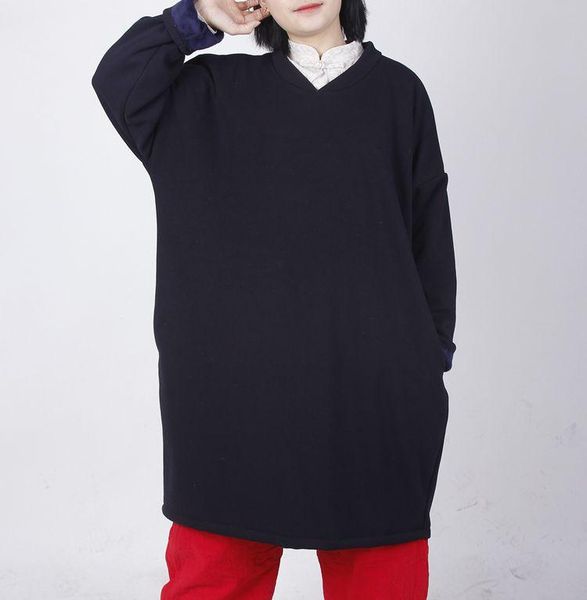 

pure cotton plush women's loose autumn and winter mid length v-neck thickened flannel women's wear, Black