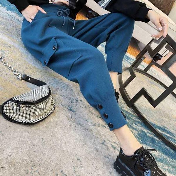 

women 2021 auutmn winter chic harem pants female casual loose trousers comfortable thick warm all-match knitted granny pant c215, Black;white