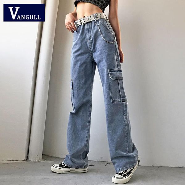 

vangull pockets patchwork high waist jeans women streetwear straight denim full length trouses vintage loose female belt jeans, Blue