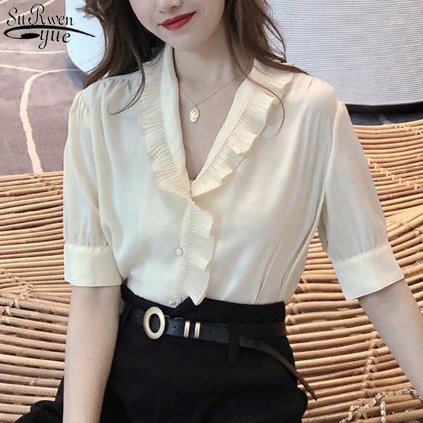 

vintage short sleeve chiffon shirts 2020 blouse women plus size shirt elegant summer women clothes blusas mujer de moda 100211, White