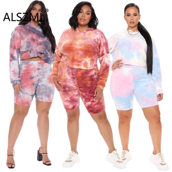 

women plus size tie dye shorts set hoodies long sleeve 2 pieces and shorts suit ladies tracksuits, Gray