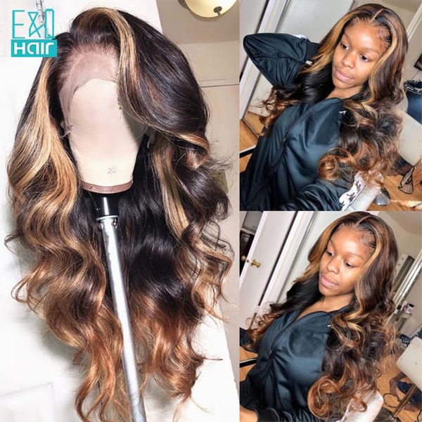 

brazilian loose body wave lace front human hair wigs for women 13x4 honey blonde highlight wig remy ombre human hair wig 180%, Black;brown