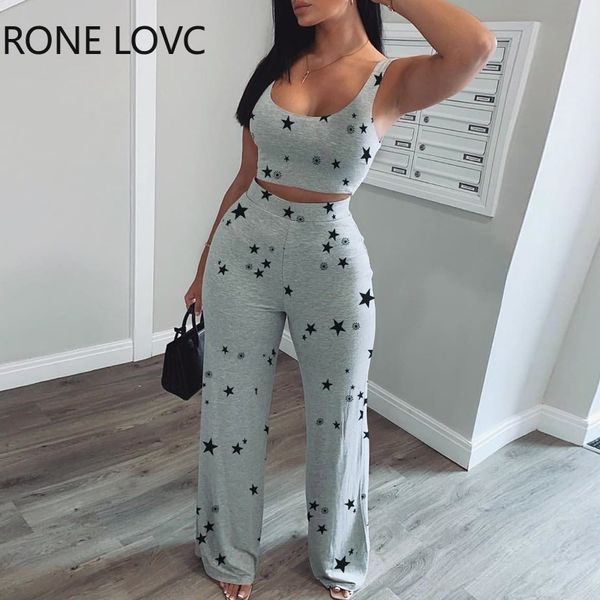 

women star print o-neck crop tank & long pants set 2 piece casual set, White