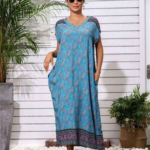 

holiday travel long crew neck pocket loose print dress, Black;gray