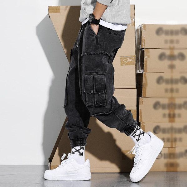 

fashion streetwear men jeans black loose fit multi pockets casual cargo pants hip hop joggers wide leg trousers, Blue
