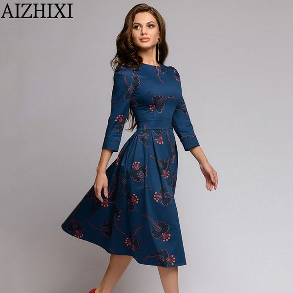 

aizhixi autumn elegent 3/4 sleeve florl print dress women casual o-neck a line summer dresses elegent party vestidos 201204, Black;pink