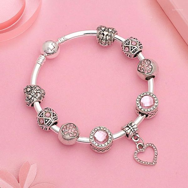 

2018 heart crystal bead pink bracelet silver color diy charms women bangle romantic couple bracelet bangle jewelry1, Golden;silver
