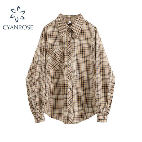 

plus size women plaid blouse oversize autumn long sleeve turn-down collar button up casual vintage shirt female streetwear, White