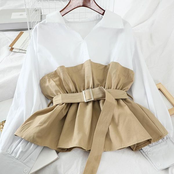 

collar waist slimming ruffled fake two-piece versatile shirt1, White