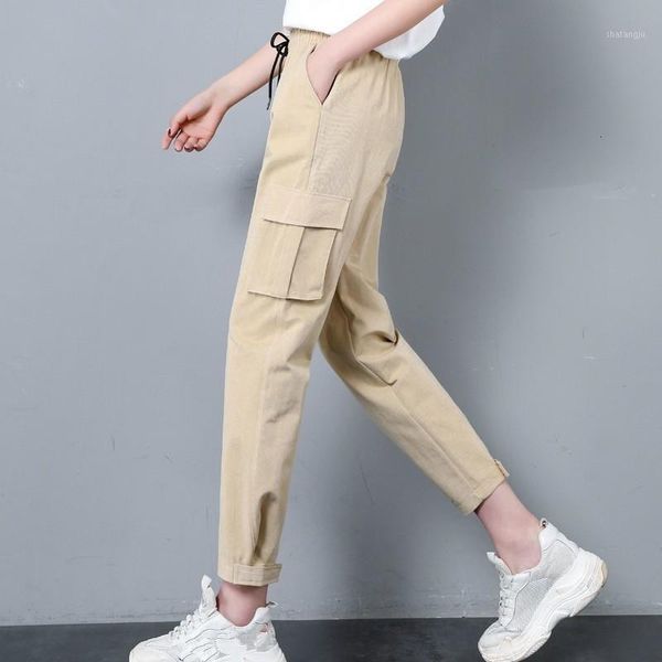 

spring 2019 summer women cargo pants casual elastic wasit trousers streetwear solid color loose ankle-length pants1, Black;white