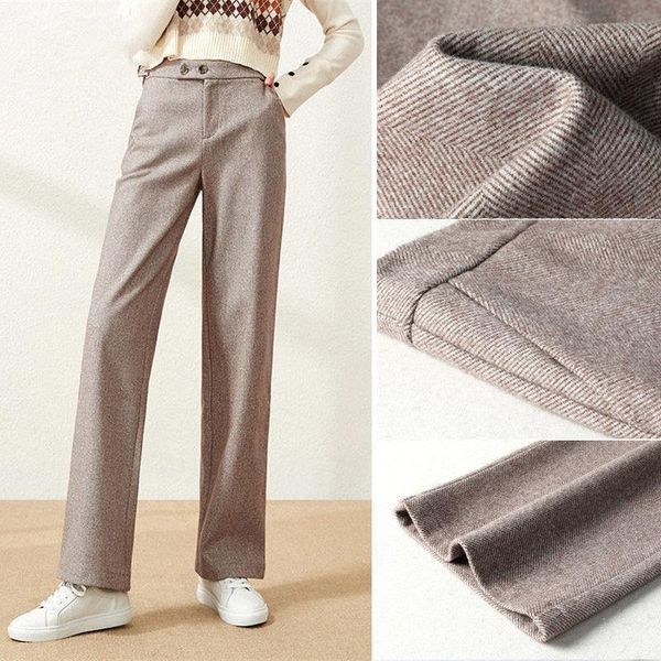 

2021 women autumn winter casual woolen trousers lady button slim high waist wide leg pant lady elegant loose straight pants h115, Black;white