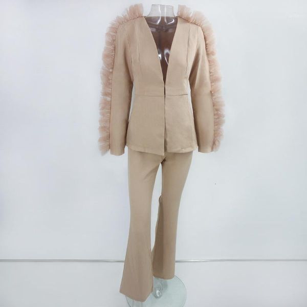 

thereadict 2020 autumn notched lace two piece set and pants deep v neck 2 piece set women fashion solid female outfits1, White